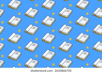 book opened with star school stationery colorful seamless pattern on blue background. book with stars doodle decoration pattern background kids, school, college, science