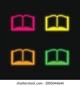 Book Opened Symmetrical Shape four color glowing neon vector icon
