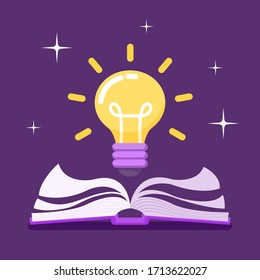 The book opened and there was a yellow light bulb floating on. Reading books creates creativity. Vector illustrator flat design.