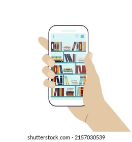 Book ordering via smartphone. Online library concept. Book online store for lovers of reading. Buying stories, poems, novels on the site or through a mobile application. Isolated on a white background