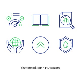 Book, Organic tested and Correct answer line icons set. Analytics graph, Swipe up and Blood donation signs. E-learning course, Safe nature, Approved. Chart report. Business set. Vector