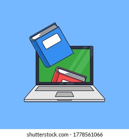 Book out of laptop screen for online schooling concept vector illustration. digital books library outline cartoon style flat design