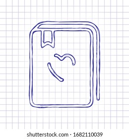 book - outline. Hand drawn picture on paper sheet. Blue ink, outline sketch style. Doodle on checkered background