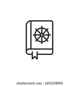Book outline icon with a Dharmachakra / Buddhist wheel symbol on it, Religious book