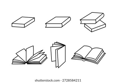 Conjunto de iconos de contorno de libro en diferentes posiciones abiertas y cerradas