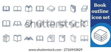 Book outline icon set, primary, page, document, literature, magazine, journal, sign, teacher, bookstore, linear, album, reading, diary, bestseller, instruction, story, newspaper and more