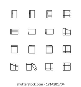 Juego de iconos vectoriales del contorno del libro. El conjunto incluye íconos como literatura educativa, librería, libro de texto, cuaderno, ebook
