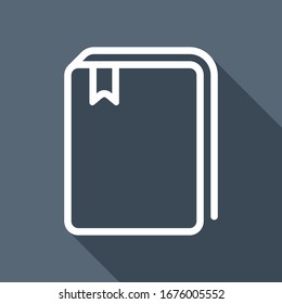 book - outline. White flat icon with long shadow on blue background