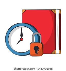 Book and padlock with time clock cartoons vector illustration graphic design