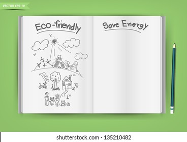 Book pages, with hand writing creative happy family ecology friendly concept, Vector illustration template design