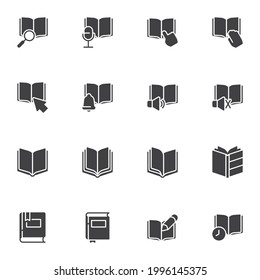 Book pages vector icons set, modern solid symbol collection, filled style pictogram pack. Signs, logo illustration. Set includes icons as book reading, notebook, textbook with bookmark