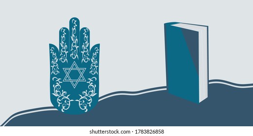 Book, Palm with tracery ornament, Star of David - abstract grunge style background - vector. Rosh Hashanah, Jewish New Year, Yom Kippur. Banner horizontal