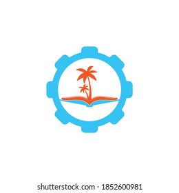 Plantilla de diseño del logotipo del concepto de forma de engranaje de árbol de palma y libro. Plantilla vectorial del símbolo de diseño del logotipo de la palmera del libro