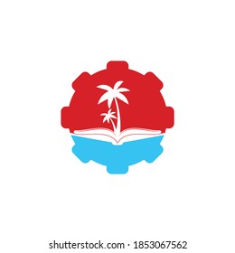 Book and palm tree gear shape concept logo design template. Book with palm tree logo design symbol vector template