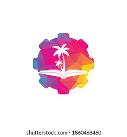 Book and palm tree gear shape concept logo design template. Book with palm tree logo design symbol vector template