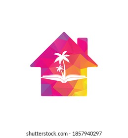 Book and palm tree house shape concept logo design template. Book with palm tree logo design symbol vector template