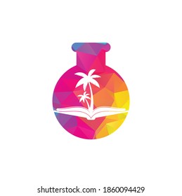 Plantilla de diseño del logotipo del concepto de forma de laboratorio de libro y palmera. Plantilla vectorial del símbolo de diseño del logotipo de la palmera del libro