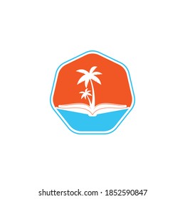 Plantilla de diseño del logotipo del libro y de la palmera. Modelo vectorial de diseño del logotipo de la palmera.
