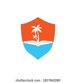 Book and palm tree shield shape concept logo design template. Book with palm tree logo design symbol vector template