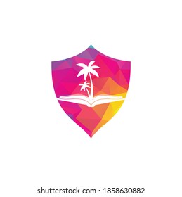 Book and palm tree shield shape concept logo design template. Book with palm tree logo design symbol vector template