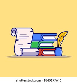 Book, Paper With Feather Pen And Ink Cartoon Vector Icon Illustration Education Object Icon Concept Isolated Premium Vector. Flat Cartoon Style