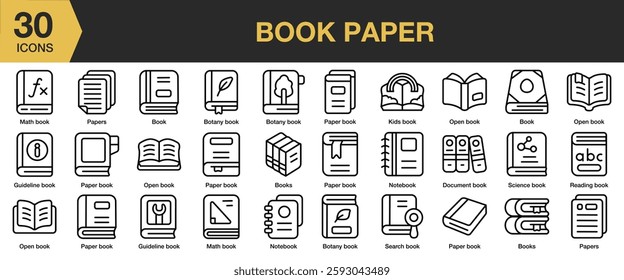 Book Paper icon set. Includes book, paper, page, old, vintage, white, and More. Outline icons vector collection.