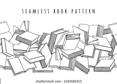 Book pattern. Seamless horizontal texture with open and closed books. Hand drawn vector illustration. 