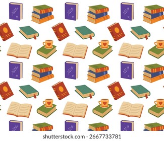 Padrão de livro. Pilhas de livros e livros abertos. Ilustração vetorial em estilo plano.