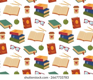 Padrão de livro. Pilhas de livros e livros abertos. Ilustração vetorial em estilo plano.