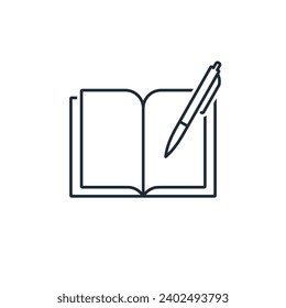 Book with pen. Business notes. Write a message correspondence. Chat book, note book literature. Vector linear icon illustration isolated on white back