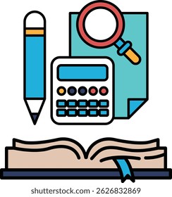 A book with a pen and a calculator on the pages. The book is open to a page with a magnifying glass