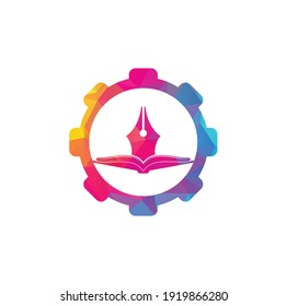 Book and pen gear shape concept vector logo design. Book Writer Logo Template Design Vector