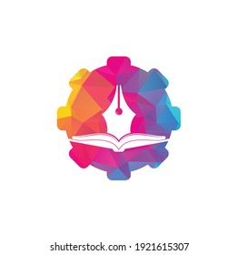 Diseño del logotipo vectorial de forma de engranaje de libro y pluma. Vector de diseño de plantillas de logotipos para escritores de libros