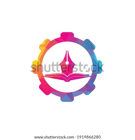 Book and pen gear shape concept vector logo design. Book Writer Logo Template Design Vector