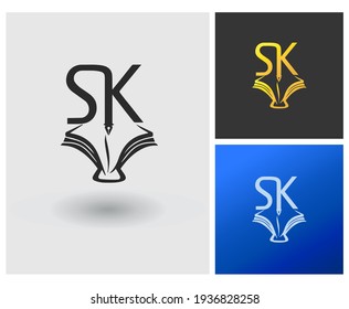 Book, pen, letter logo monogram initial SK creative vector