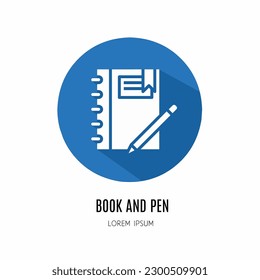 Logo de libros y bolígrafos. Ilustración de libro y pluma en plano. Vector de material.