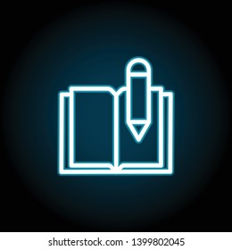 book, pen neon icon. Simple thin line, outline vector of Book icons for UI and UX, website or mobile application on dark blue gradient background