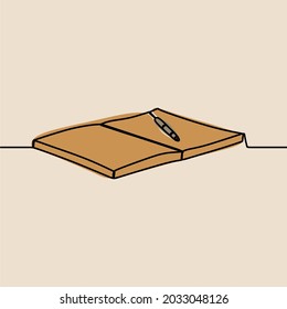 vector premium de arte de línea continua en línea de libros y bolígrafos