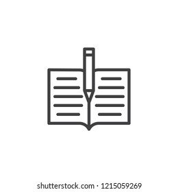 Book and pen outline icon. linear style sign for mobile concept and web design. Writing pen and note book simple line vector icon. Symbol, logo illustration. Pixel perfect vector graphics