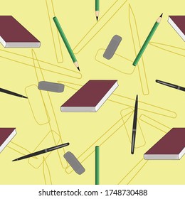 book and pen pattern with yellow background