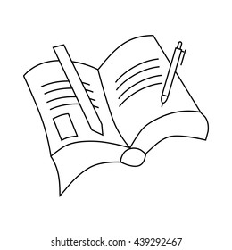 Book with pen and pencil icon, outline style