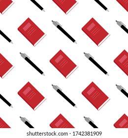 Book and pen seamless pattern wallpaper for fabric or textile background isolated in white color