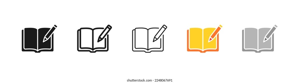 Book with pen set icon. Write a message, correspondence, chat, book, note, book, literature, education, notepad, pen, pen, ink, sheet, paper. Vector five icon in different style on white background