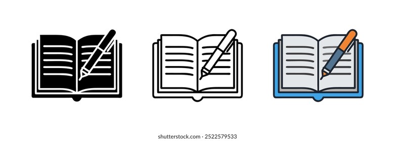 Book with pen set icon. Write a message, correspondence, chat, book, note, book, literature, education, notepad, pen, pen, ink, sheet, paper