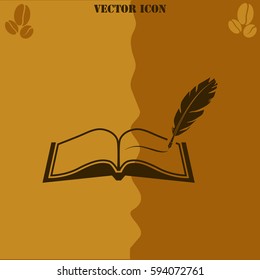 Book with pen vector  icon Coffee symbol background.