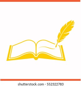 Book with pen vector yellow icon on white background. Book with pen symbol stock bitmap illustration. Business picture.