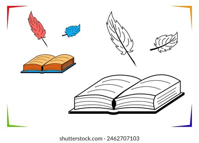 Libro y pluma para escribir Página para colorear. Vector de Plumas Hoja de trabajo educativa. Juego de pinturas. Elementos para colorear libros, páginas, impresiones, ilustraciones de diseño en el estilo de contorno para niños.