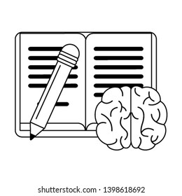 Book and pencil with brain cartoon in black and white
