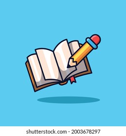 Book And Pencil Cartoon Vector Illustration. Flat Cartoon Style. Online Education. Suitable for Sticker, Banner, Web Landing Page And More.