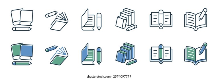 book and pencil crayon icon line set writing task study literature school education signs vector illustration for web and app